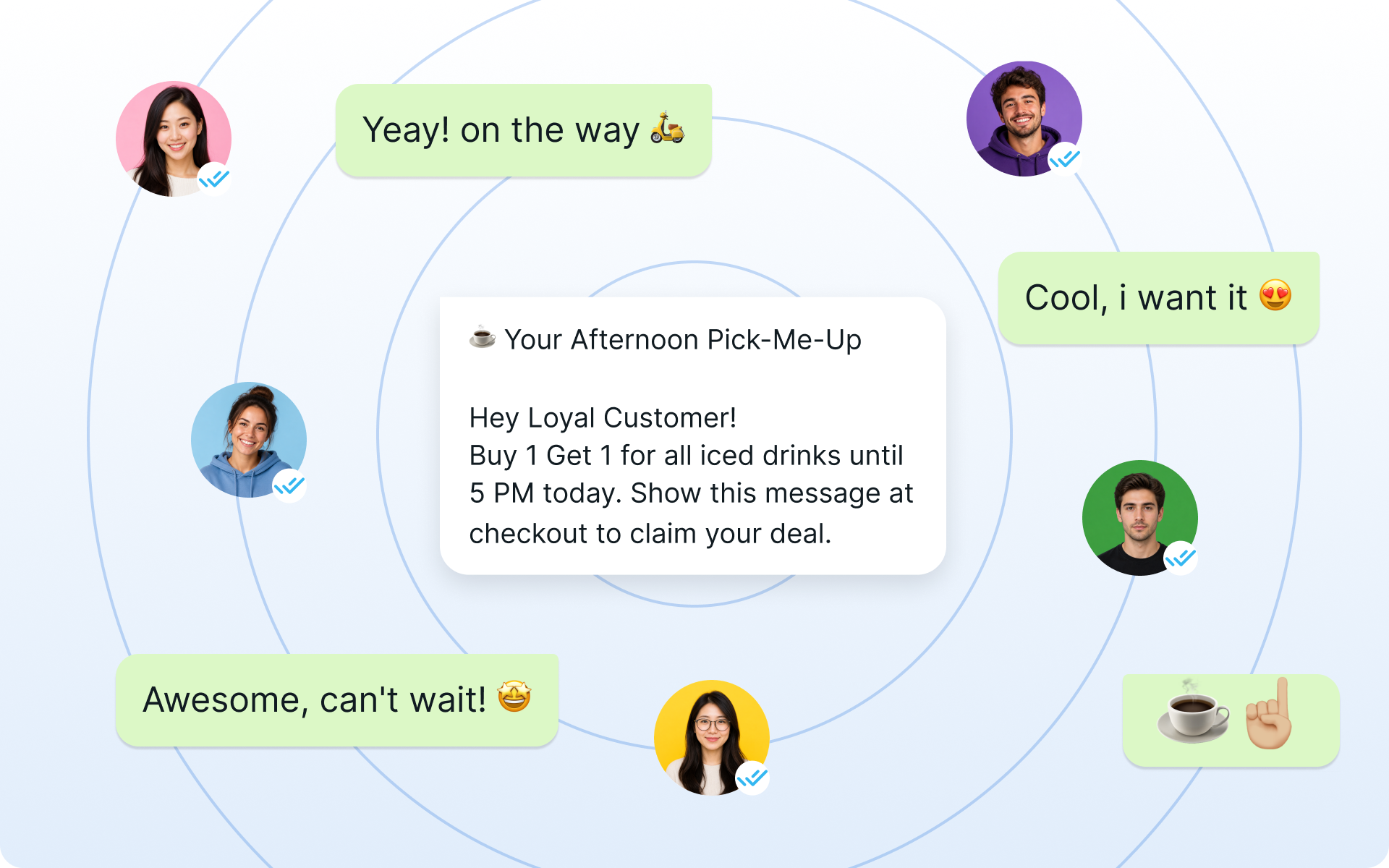 Illustration of a WhatsApp broadcast promo message reaching multiple engaged customers