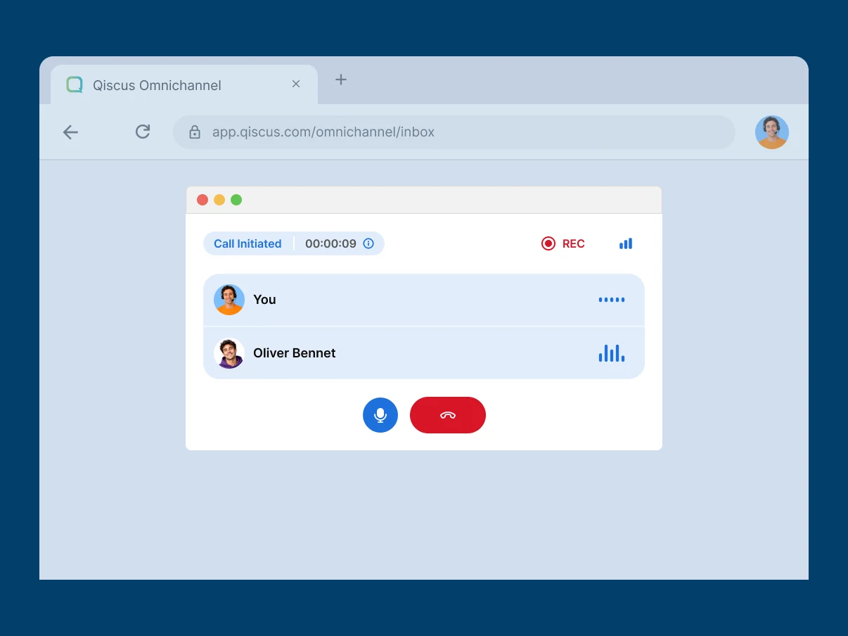 A browser window showing a live call in the Qiscus Omnichannel inbox, with call timer, recording indicator and hang-up control