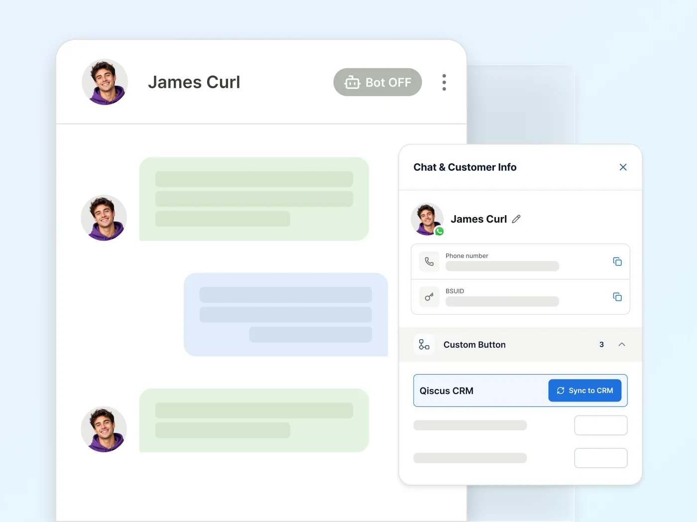 Sync to CRM button inside a live customer chat in Qiscus Omnichannel