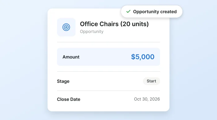 Build: An Opportunity opens — amount, stage, close date.